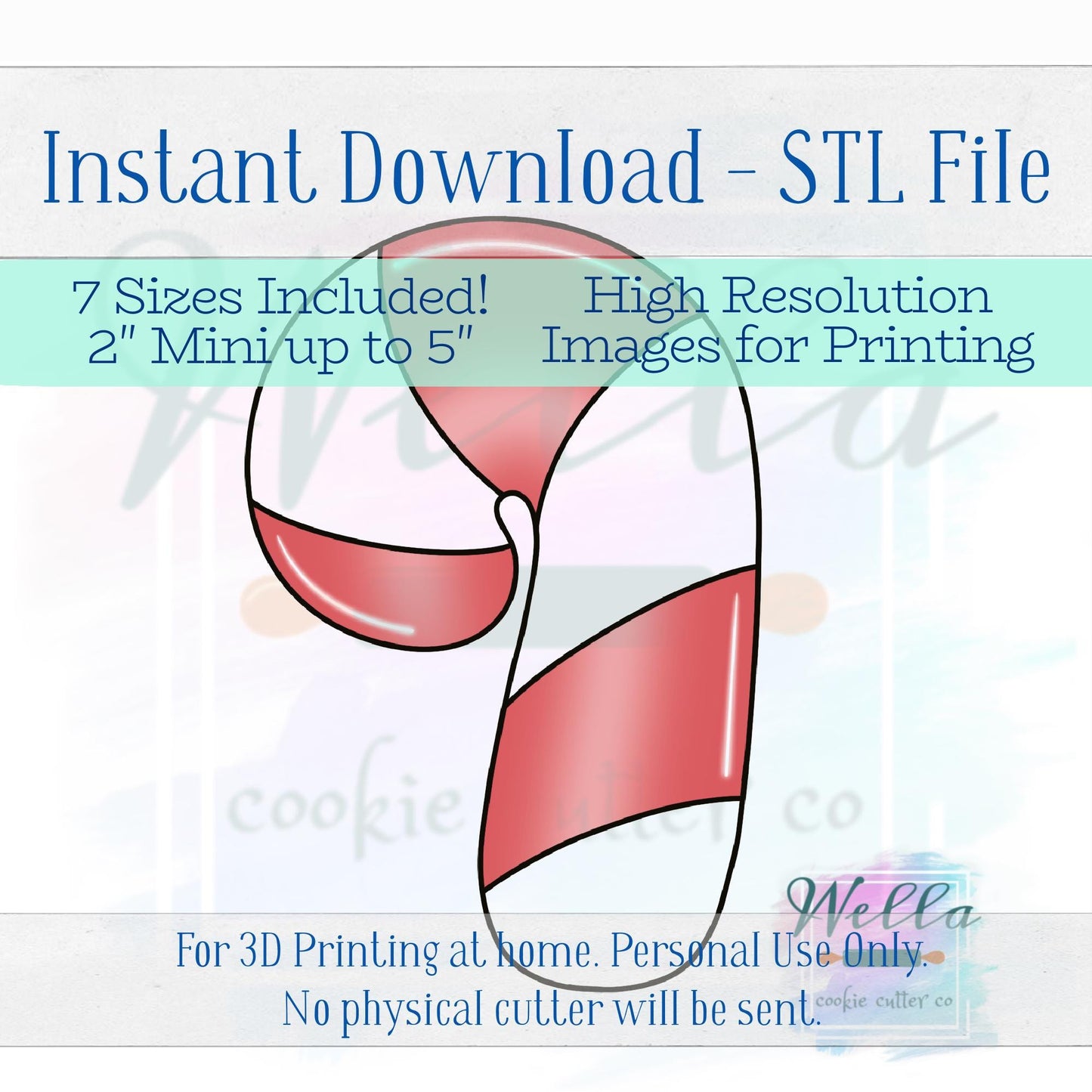 Digital STL Files - Chubby Candy Cane Cookie Cutters - 7 Sizes Included plus High-Resolution PNGs