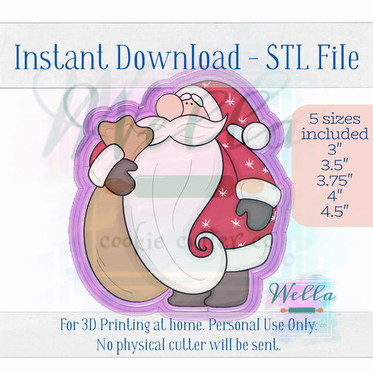 Digital STL File - Santa with Sack Cookie Cutter - 5 Sizes Included 3", 3.5", 3.75" 4" & 4.5"