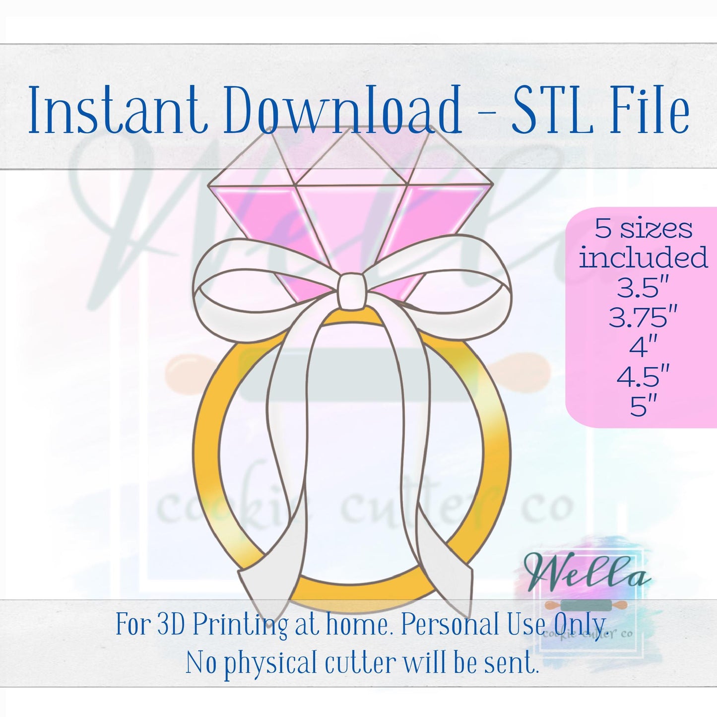 Digital STL File - Ring with Long Bow Cookie Cutter - 5 Sizes: 3.5" 3.75" 4" 4.5" 5"