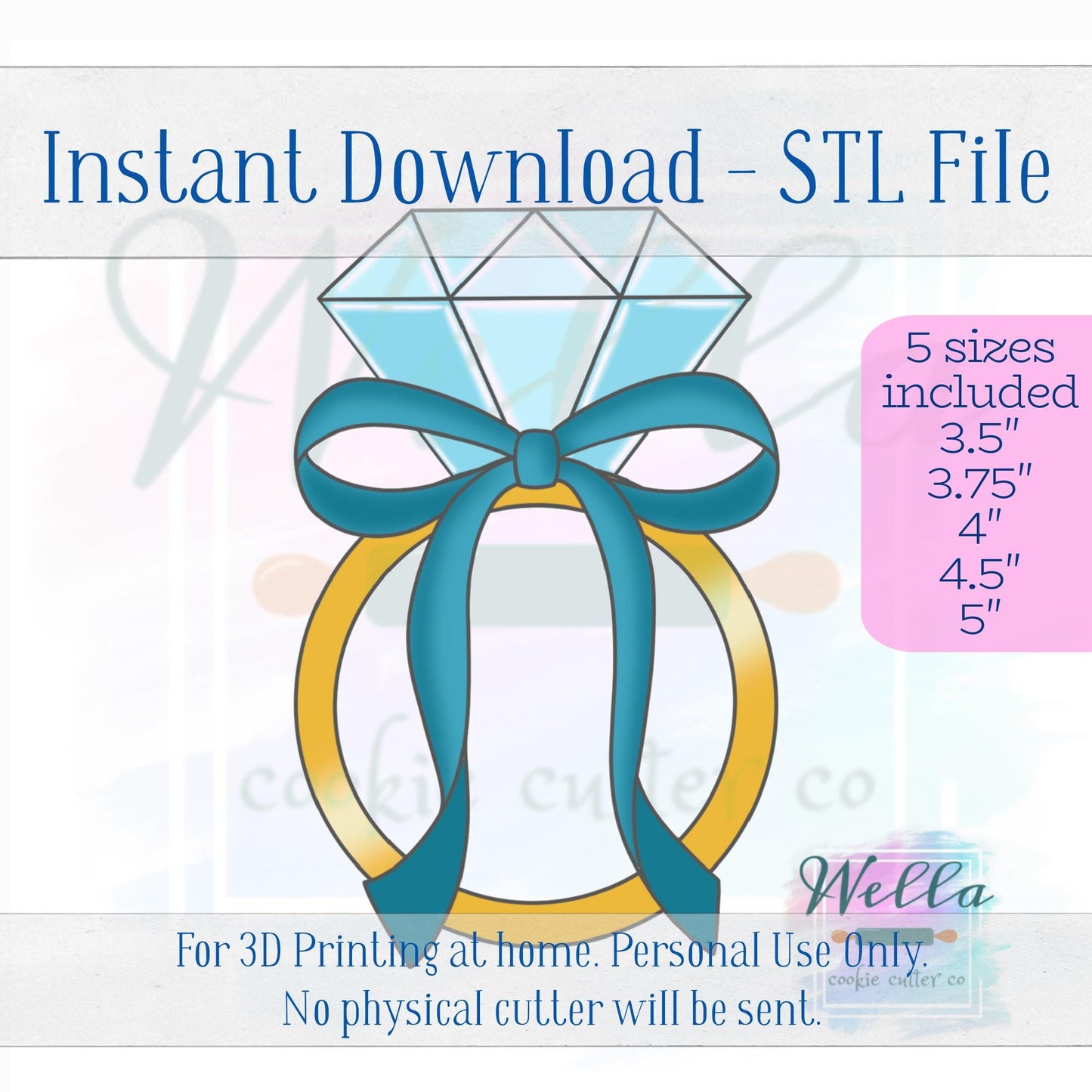 Digital STL File - Ring with Long Bow Cookie Cutter - 5 Sizes: 3.5" 3.75" 4" 4.5" 5"