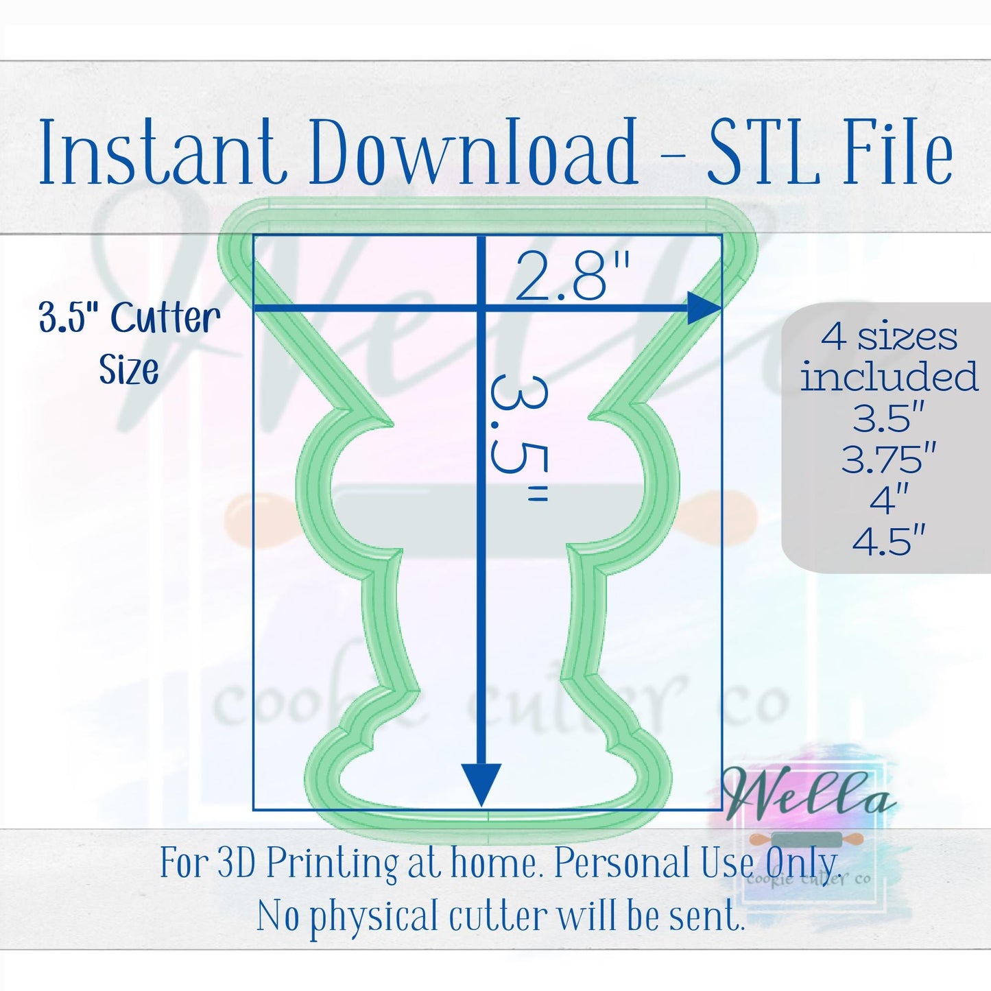 Digital STL File - Expresso Martini with Long Bow Cookie Cutter - 4 Sizes: 3.5" 3.75" 4" 4.5"