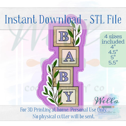 Digital STL File - Baby Blocks with Greenery Cookie Cutter - 4 Sizes: 4" 4.5" 5" & 5.5"