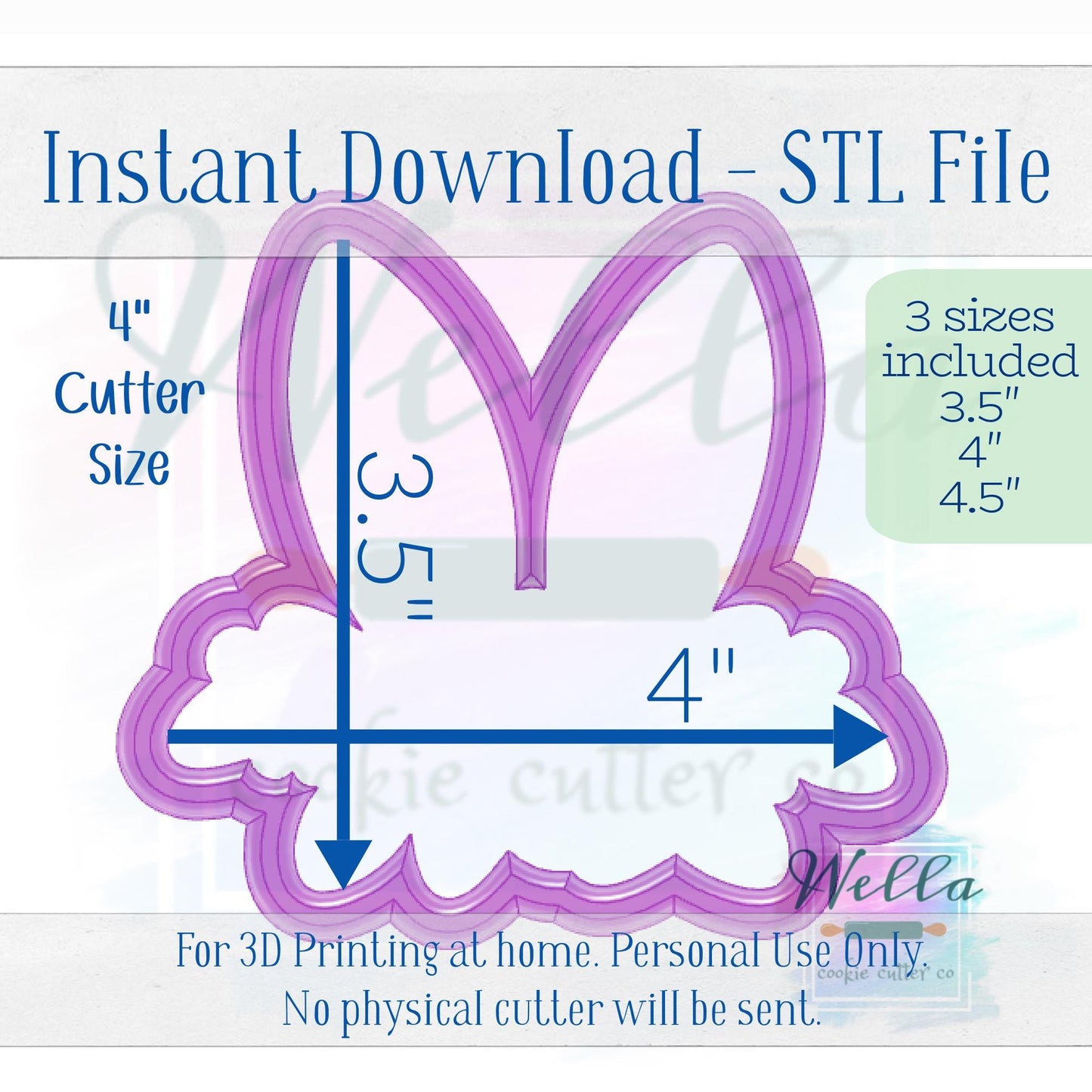 Digital STL File - Floral Bunny Ears Cookie Cutter - 3 Sizes: 3.5" 4" & 4.5"