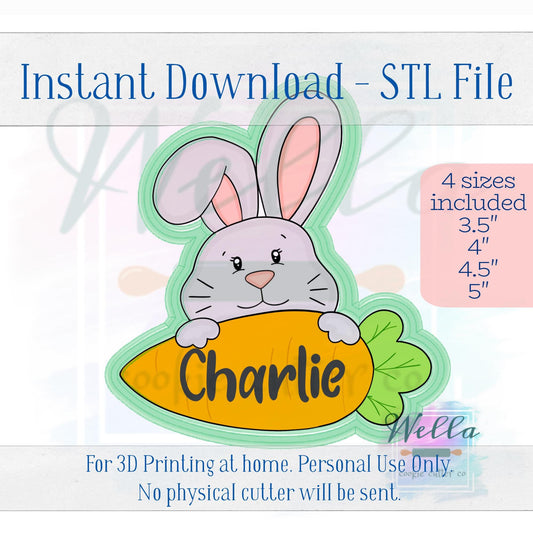 Digital STL File - Bunny Holding Carrot Name Plaque Cookie Cutter - 4 Sizes: 3.5" 4" 4.5" & 5"