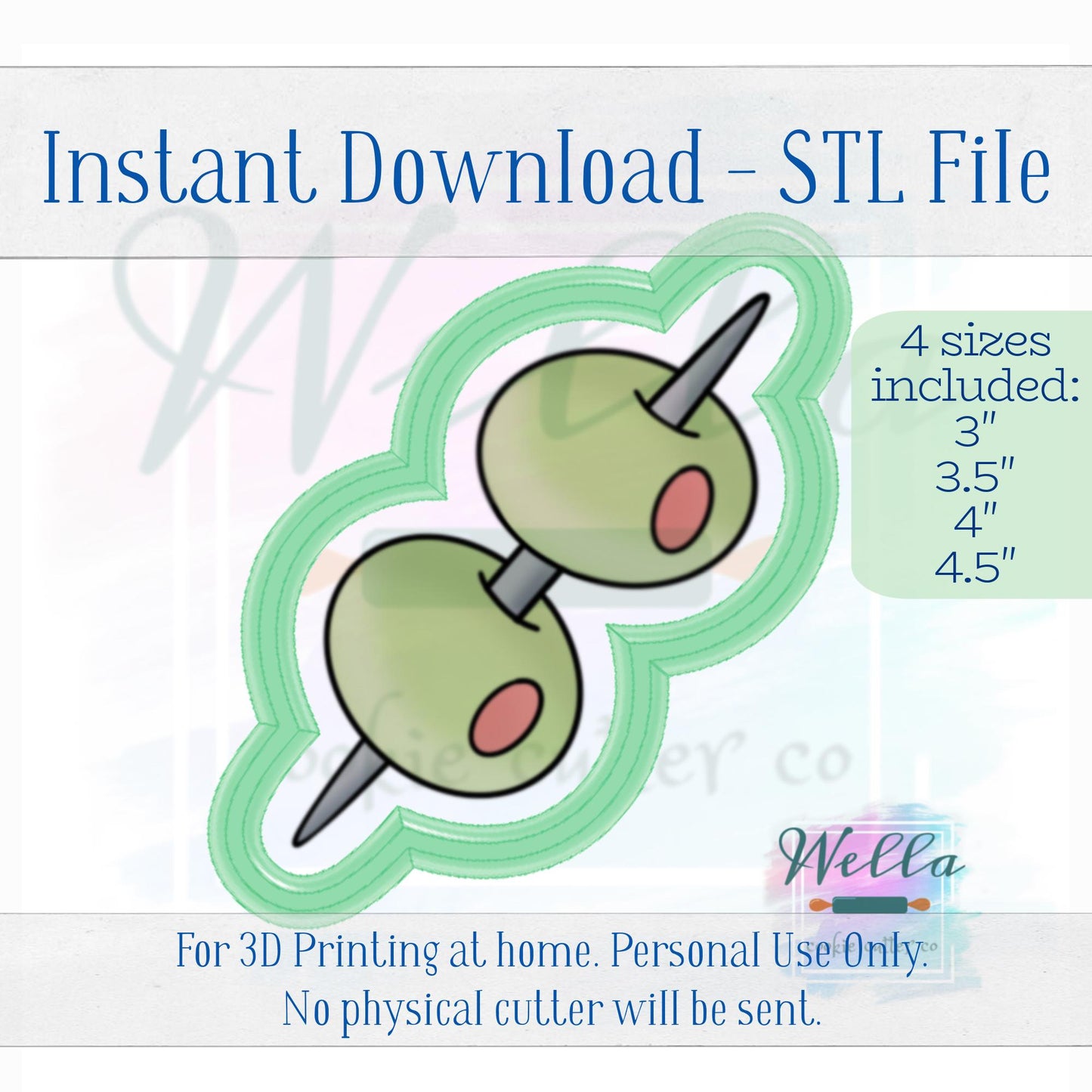 Digital STL File - Olive Skewer Cookie Cutter - 4 Sizes: 3" 3.5" 4" & 4.5"