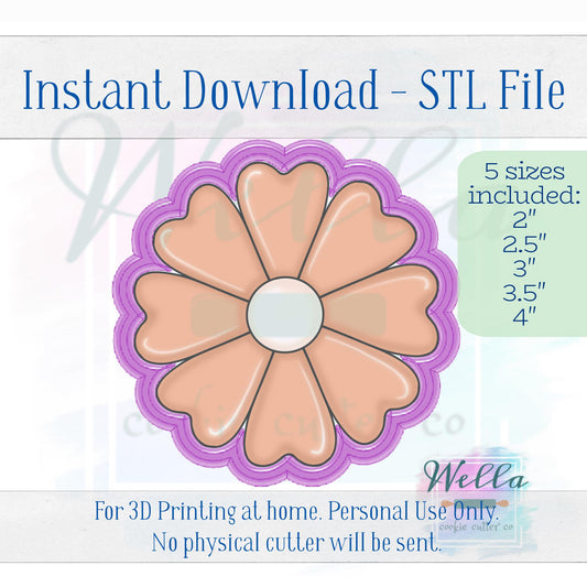 Digital STL File - Daisy with Heart Shaped Petals Cookie Cutter - 5 Sizes: 2" 2.5" 3" 3.5" & 4"