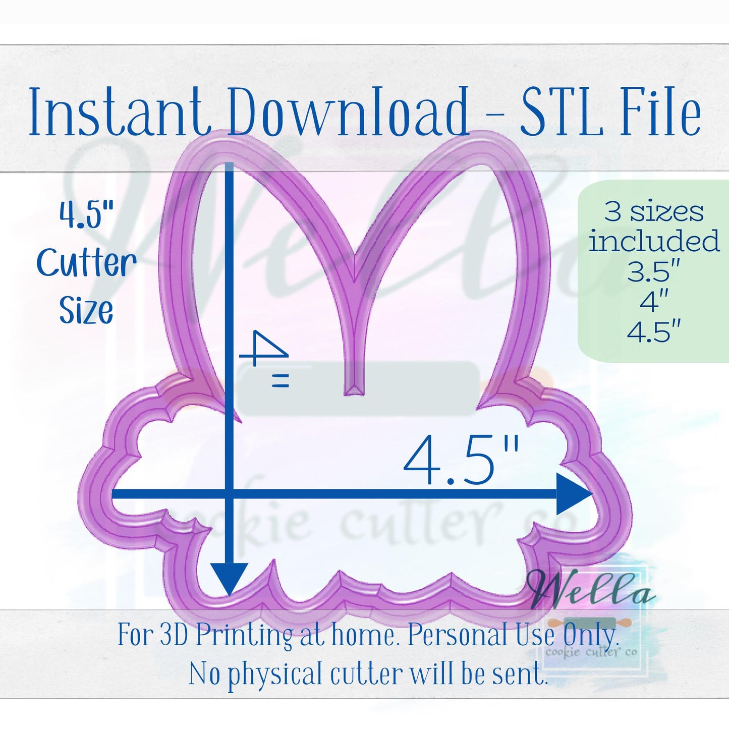 Digital STL File - Floral Bunny Ears Cookie Cutter - 3 Sizes: 3.5" 4" & 4.5"
