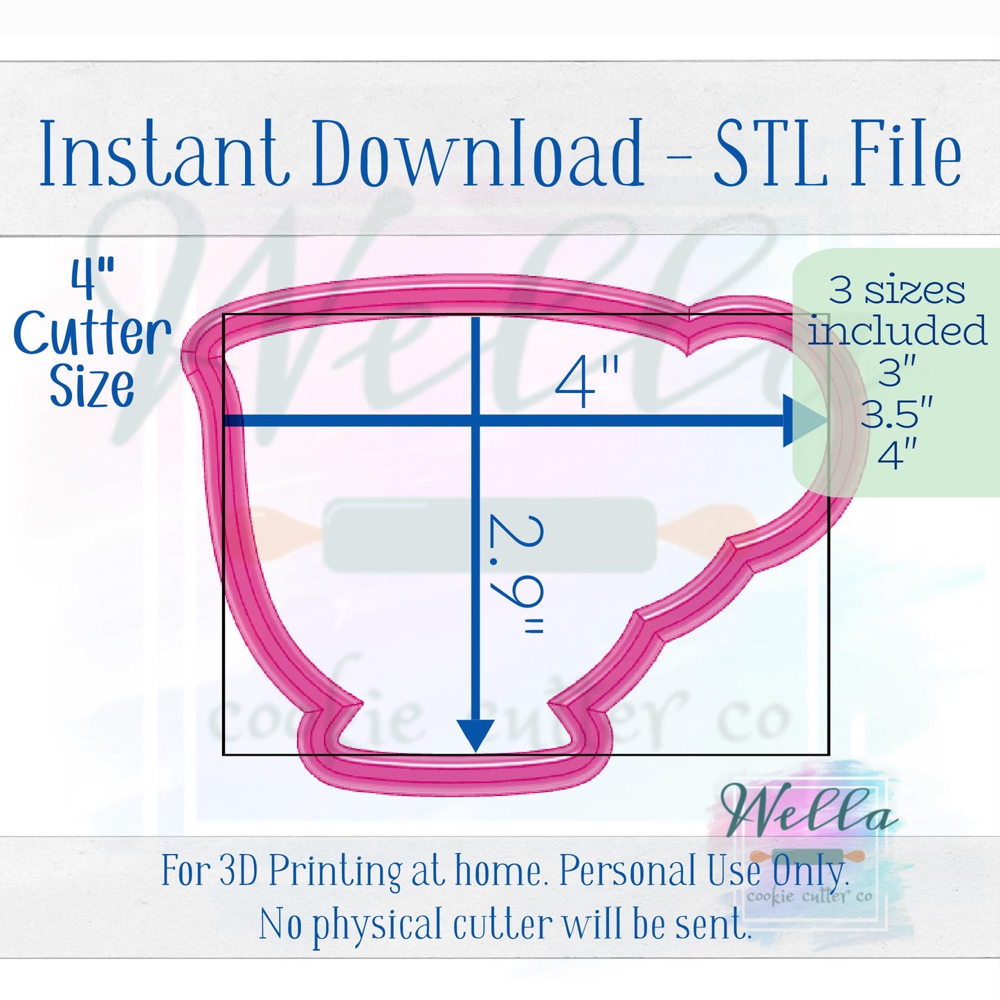 Digital STL File - Teacup Simple Cookie Cutter - 3 Sizes: 3" 3.5" & 4"