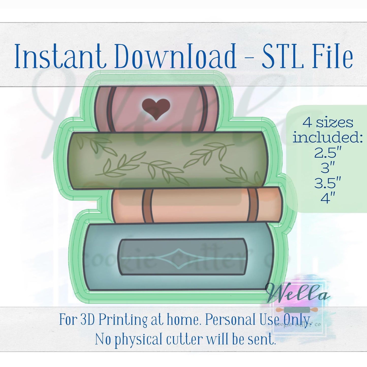 Digital STL File - Stack of Books Cookie Cutter - 4 Sizes: 2.5" 3" 3.5" & 4"