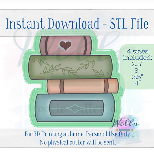 Digital STL File - Stack of Books Cookie Cutter - 4 Sizes: 2.5" 3" 3.5" & 4"