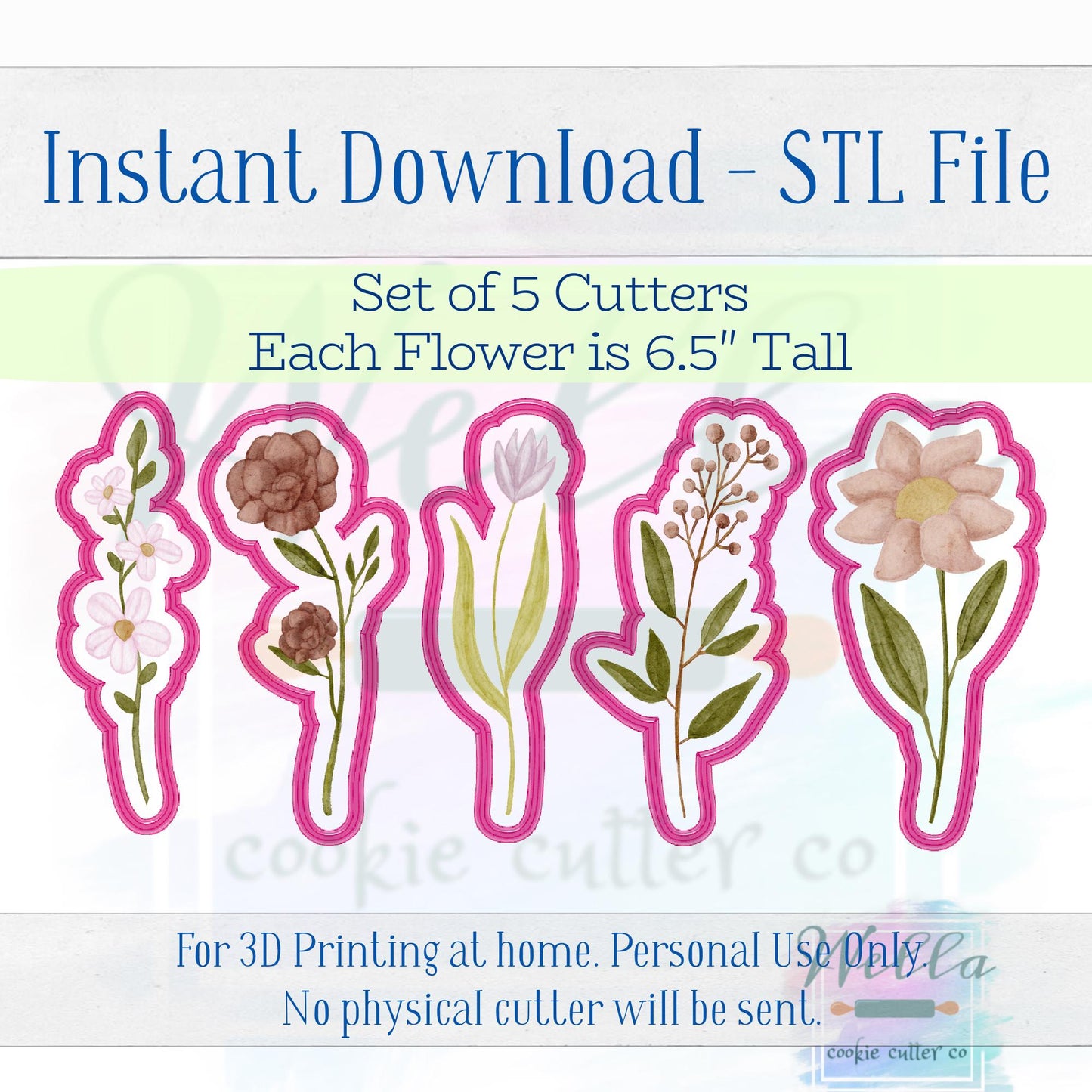 Digital STL File - Long Stem Flower Set - Set of 5 Cutters 6.5" Tall