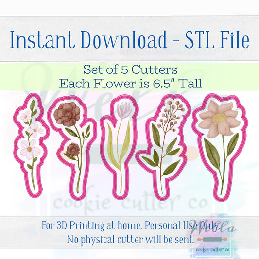 Digital STL File - Long Stem Flower Set - Set of 5 Cutters 6.5" Tall