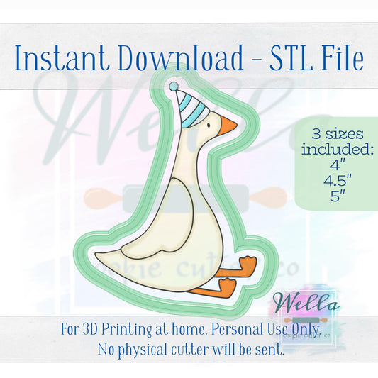 Digital STL File - Silly Goose with Birthday Hat Cookie Cutter - 4 Sizes Included 3.5" 4", 4.5" & 5"