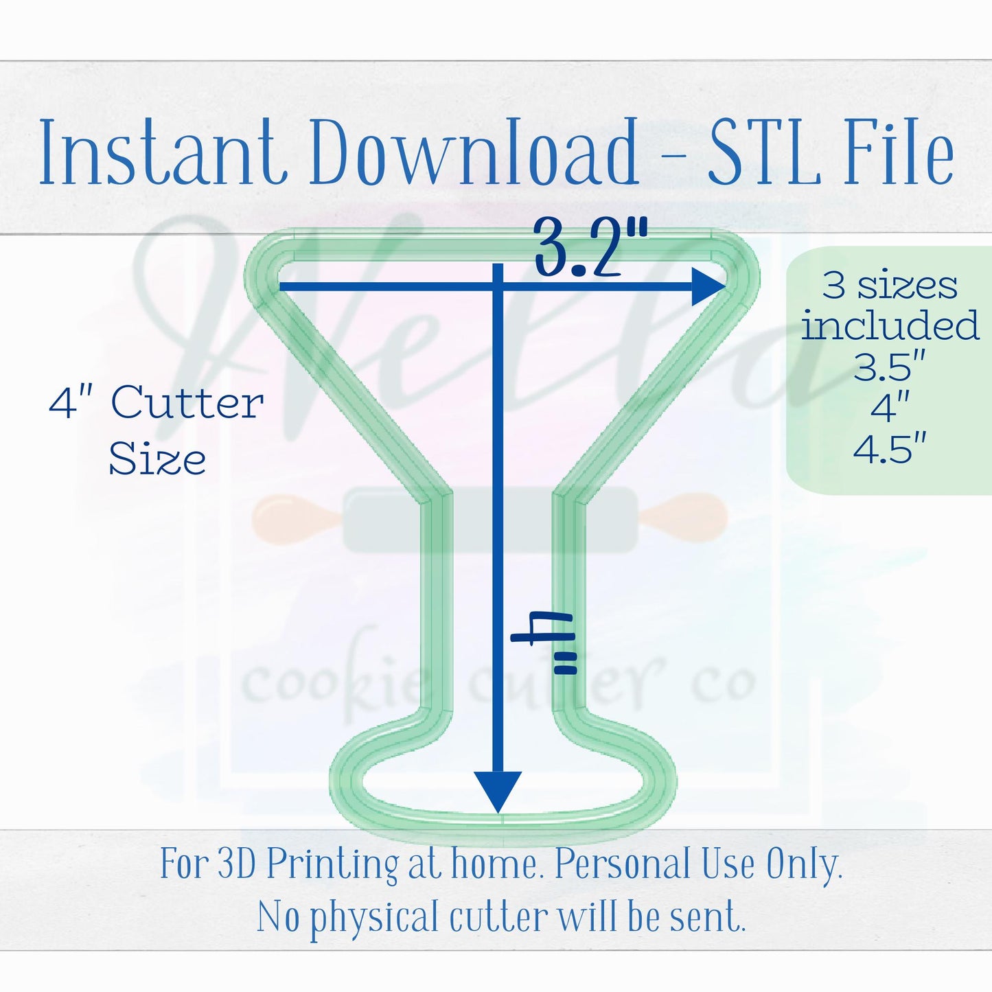 Digital STL File - Simple Martini Cookie Cutter - 3 Sizes: 3.5" 4" & 4.5"