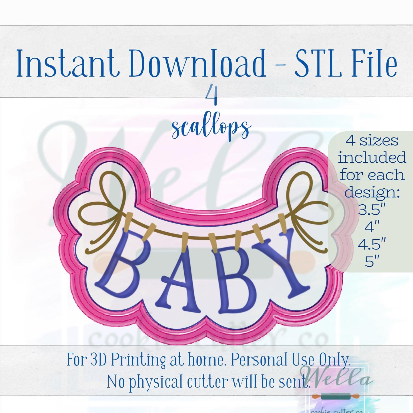 Digital STL File - Clothesline Set of 2 Cookie Cutters with 3 Scallops & 4 Scallops - 4 Sizes of each design: 3.5" 4" 4.5" and 5"