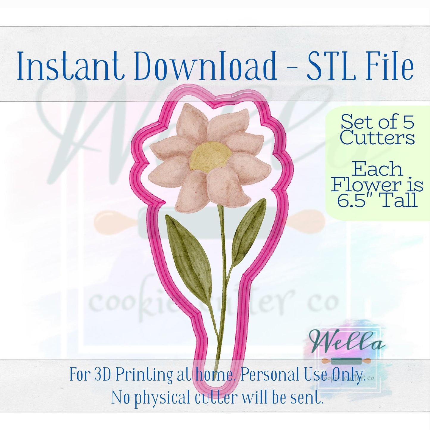 Digital STL File - Long Stem Flower Set - Set of 5 Cutters 6.5" Tall