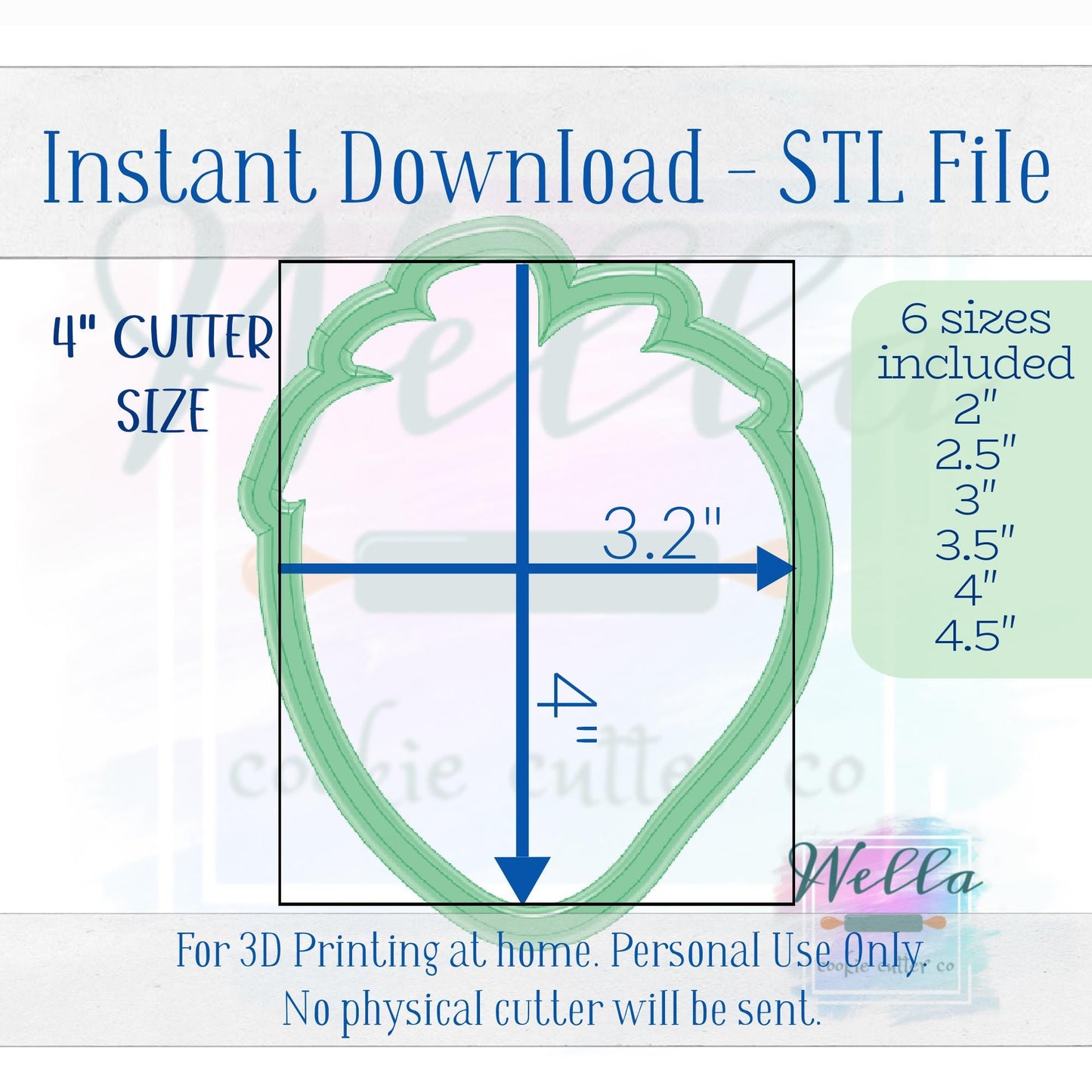 Digital STL File - Strawberry #2 Cookie Cutter- 6 Sizes 2" 2.5" 3" 3.5" 4" & 4.5"
