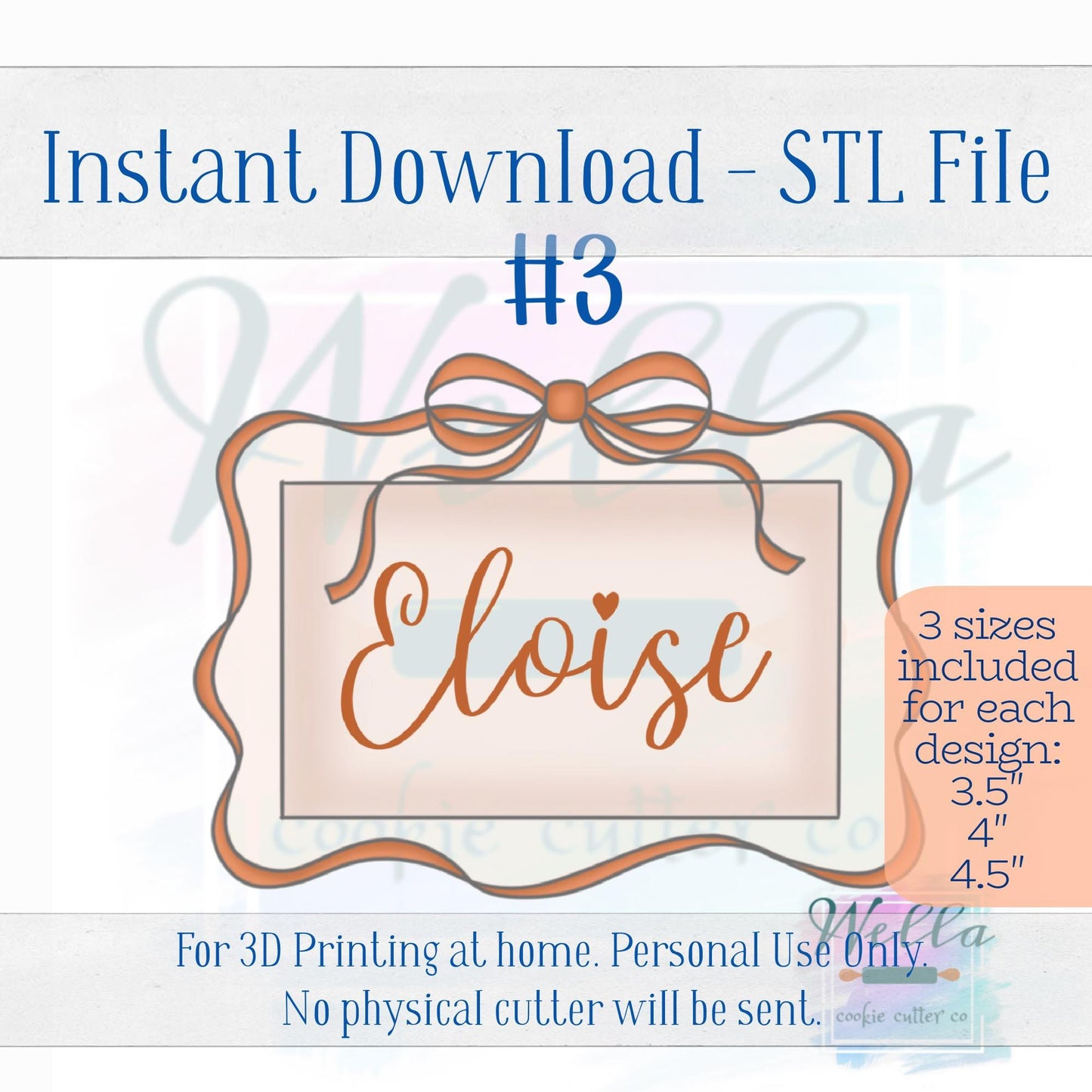 Digital STL File - Ribbon Plaque Set of 3 Cookie Cutters - 3 Sizes Included 3.5", 4" and 4.5"