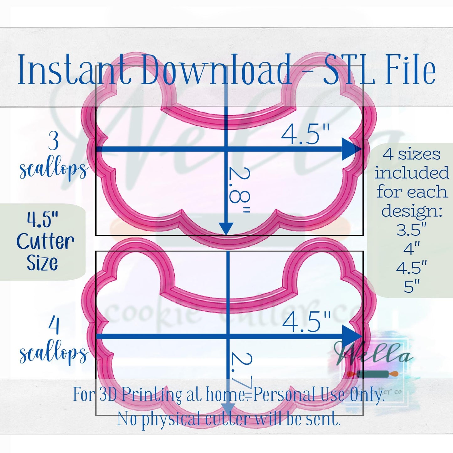 Digital STL File - Clothesline Set of 2 Cookie Cutters with 3 Scallops & 4 Scallops - 4 Sizes of each design: 3.5" 4" 4.5" and 5"