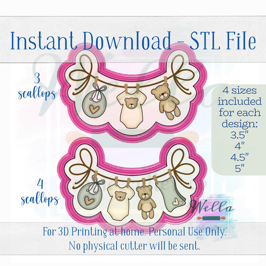 Digital STL File - Clothesline Set of 2 Cookie Cutters with 3 Scallops & 4 Scallops - 4 Sizes of each design: 3.5" 4" 4.5" and 5"