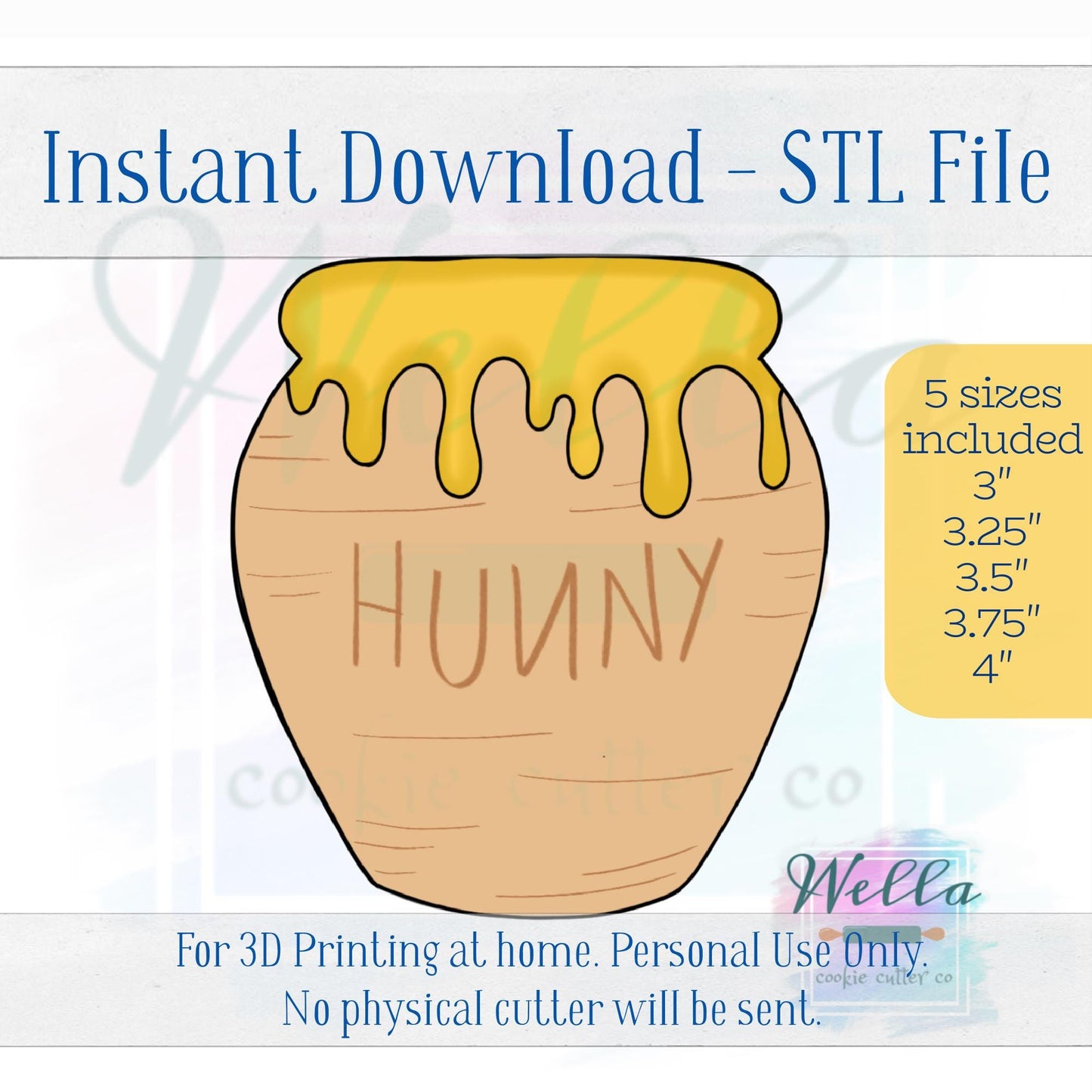 Digital STL File - Honey Pot Cookie Cutter - 5 Sizes: 3" 3.25" 3.5" 3.75" & 4"