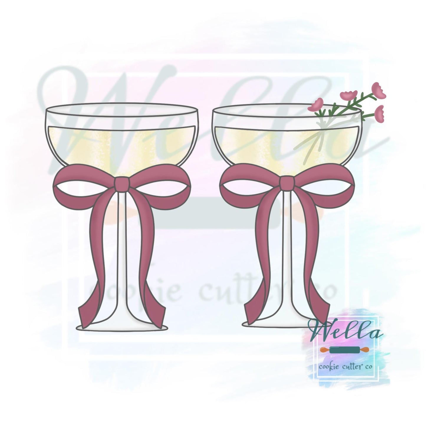 Wide Wine Glass with Bow Cookie Cutter with or without Floral - 2 Shape Options
