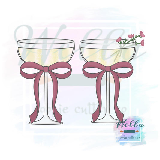 Wide Wine Glass with Bow Cookie Cutter with or without Floral - 2 Shape Options