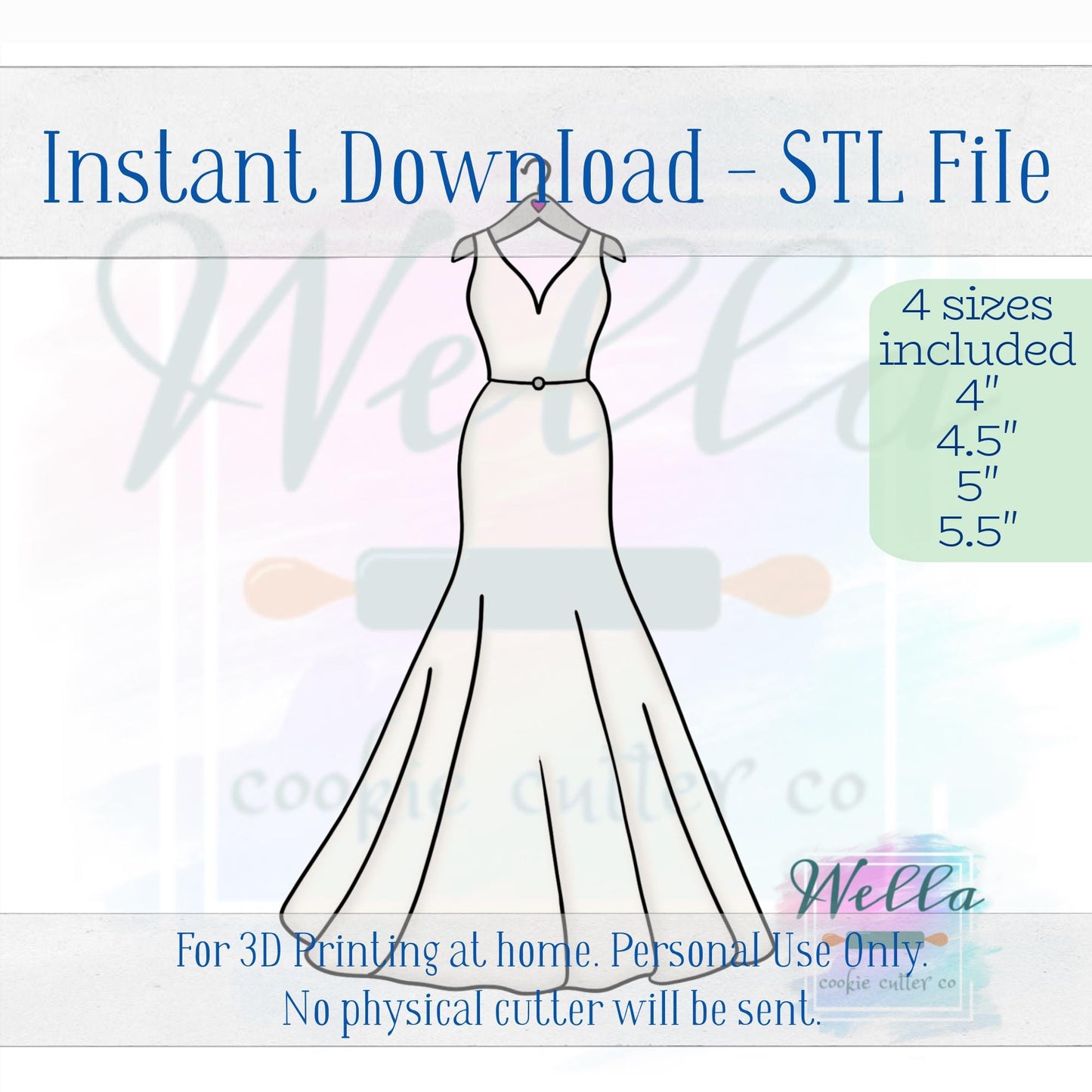Digital STL File - Wedding Dress #2 Skinny Cookie Cutter - 4 Sizes: 4" 4.5" 5" & 5.5"