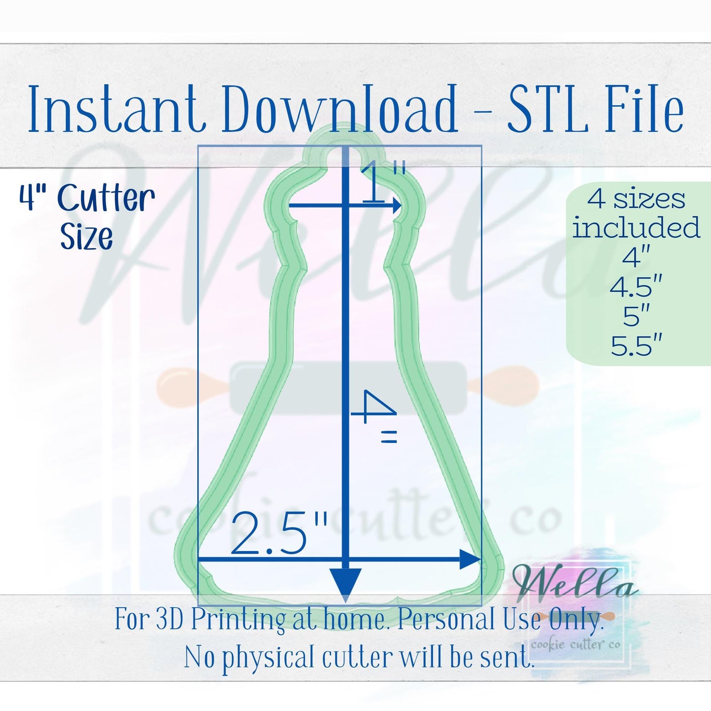 Digital STL File - Wedding Dress #2 Skinny Cookie Cutter - 4 Sizes: 4" 4.5" 5" & 5.5"