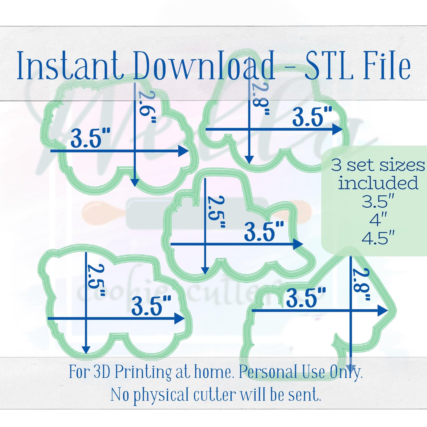 Digital STL File - Construction Truck Set Cookie Cutters - 5pc Set - 3 Set Sizes Included: 3.5" 4" and 4.5"