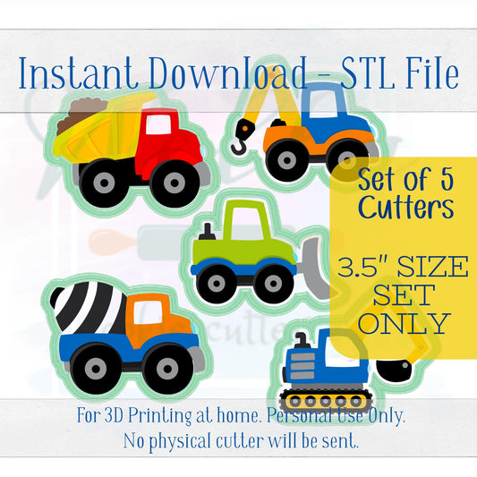 Digital STL File - Construction Truck Set Cookie Cutters - 5pc Set - 3.5" sizes only are included in this listing