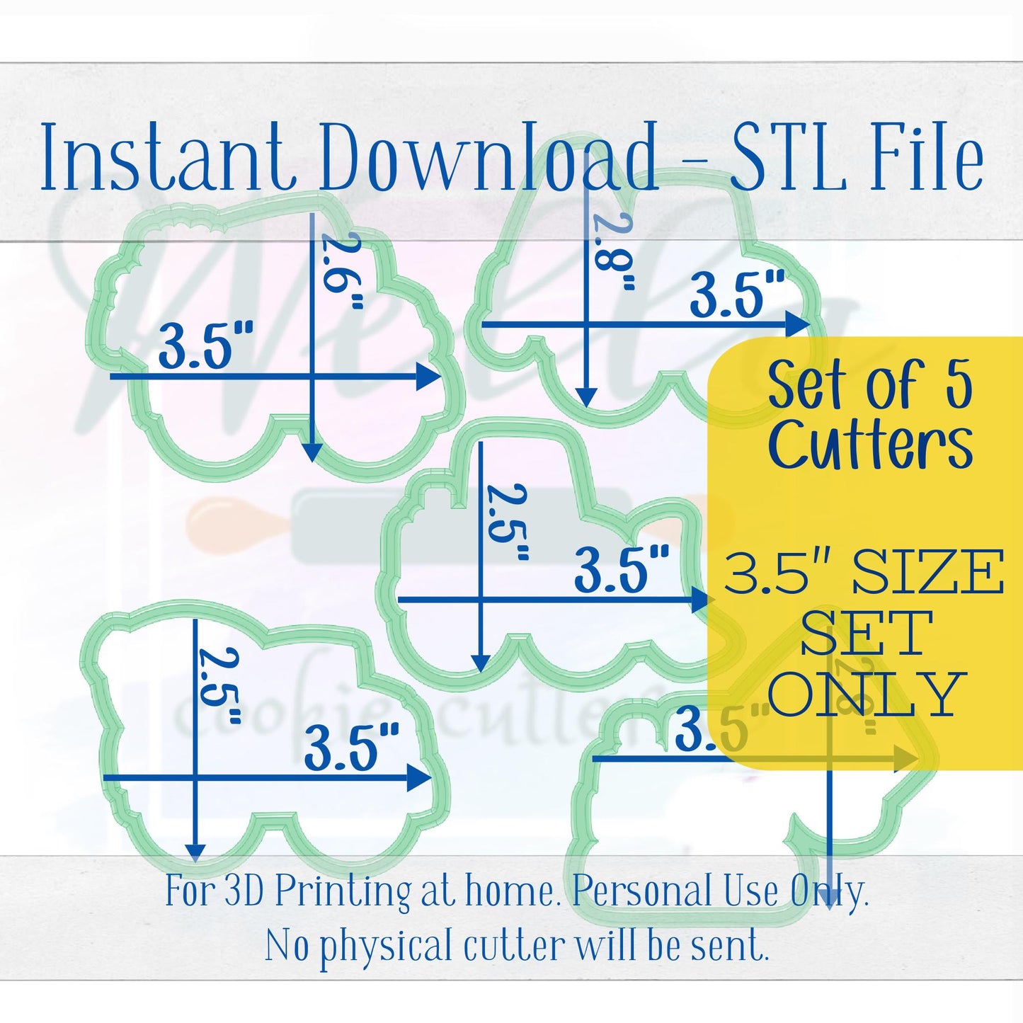 Digital STL File - Construction Truck Set Cookie Cutters - 5pc Set - 3.5" sizes only are included in this listing