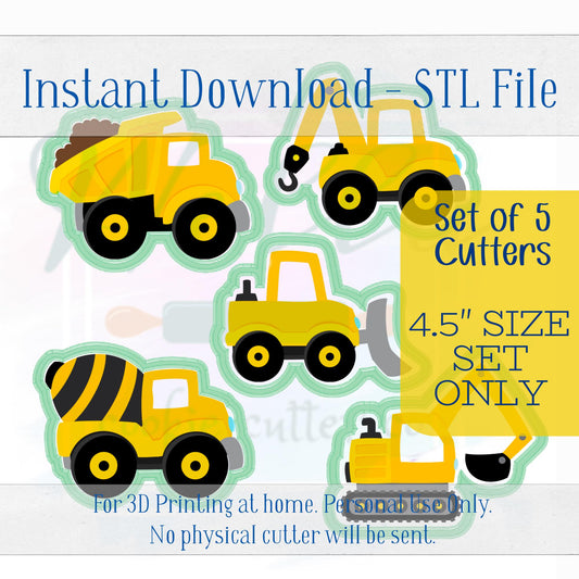 Digital STL File - Construction Truck Set Cookie Cutters - 5pc Set - 4.5" sizes only are included in this listing
