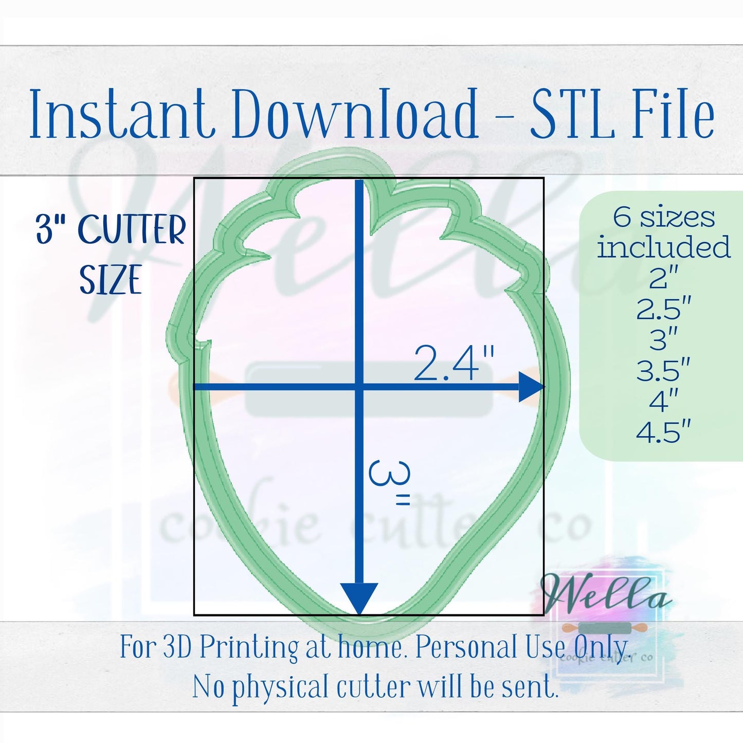 Digital STL File - Strawberry #2 Cookie Cutter- 6 Sizes 2" 2.5" 3" 3.5" 4" & 4.5"