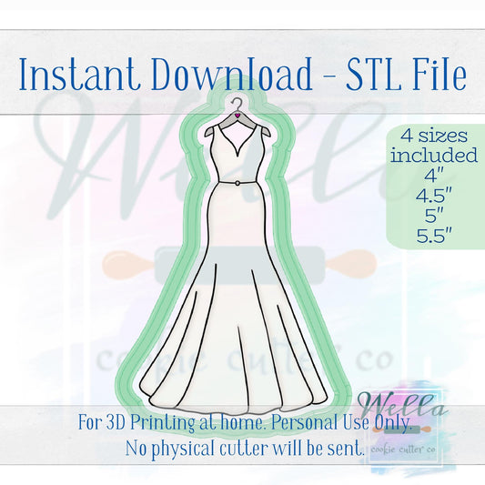 Digital STL File - Wedding Dress #2 Skinny Cookie Cutter - 4 Sizes: 4" 4.5" 5" & 5.5"