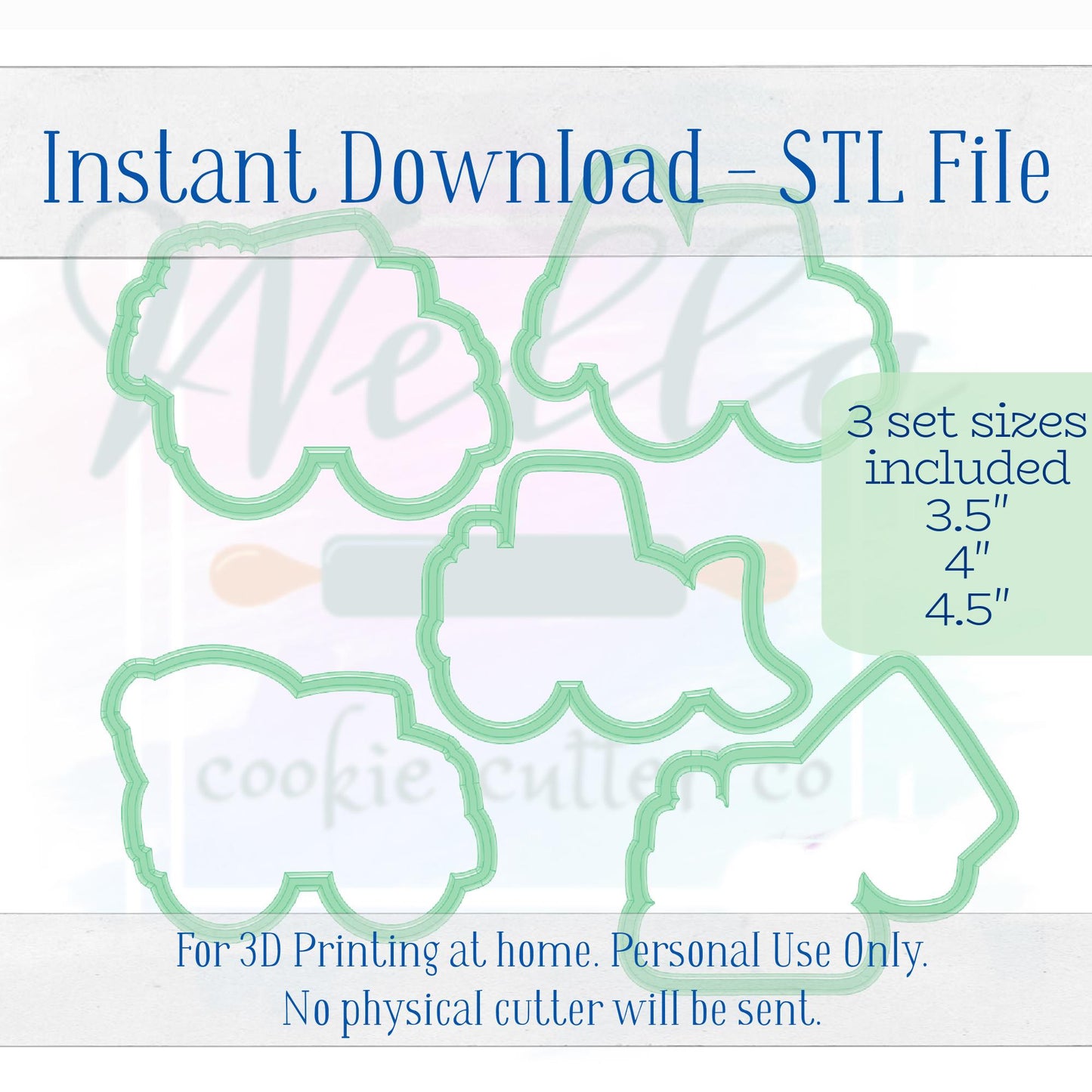Digital STL File - Construction Truck Set Cookie Cutters - 5pc Set - 3 Set Sizes Included: 3.5" 4" and 4.5"