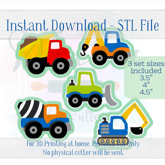 Digital STL File - Construction Truck Set Cookie Cutters - 5pc Set - 3 Set Sizes Included: 3.5" 4" and 4.5"