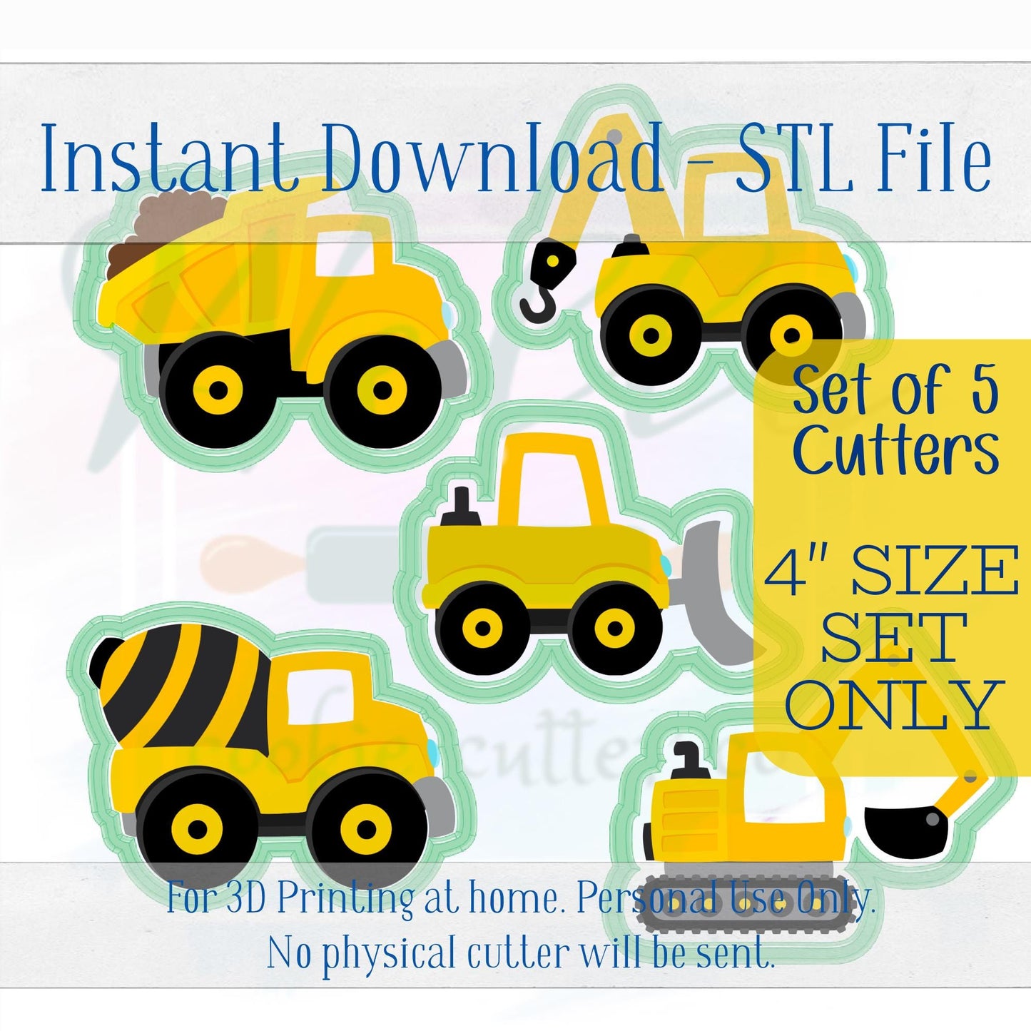 Digital STL File - Construction Truck Set Cookie Cutters - 5pc Set - 4" sizes only are included in this listing