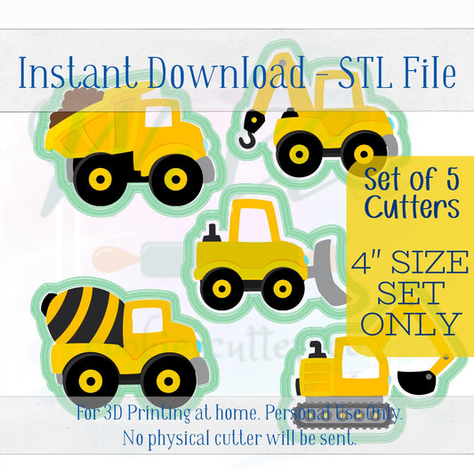 Digital STL File - Construction Truck Set Cookie Cutters - 5pc Set - 4" sizes only are included in this listing