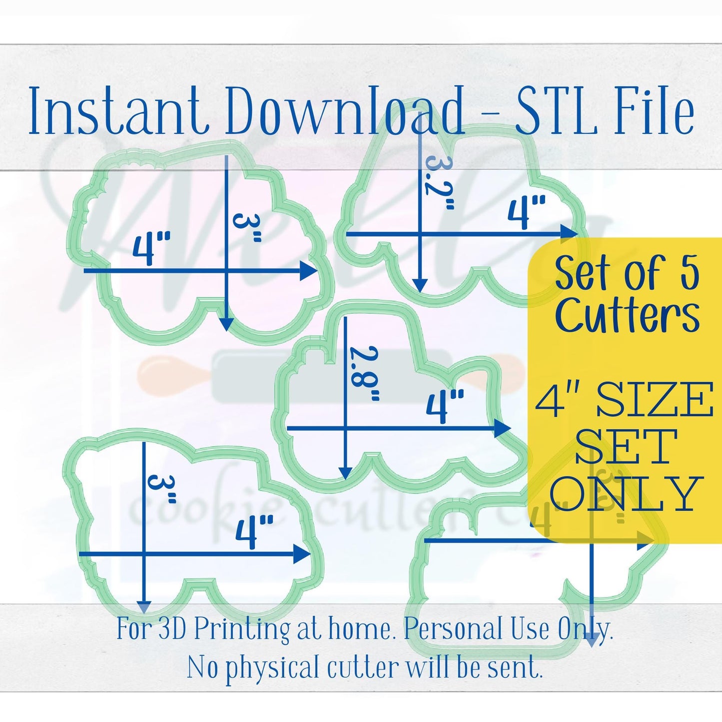 Digital STL File - Construction Truck Set Cookie Cutters - 5pc Set - 4" sizes only are included in this listing