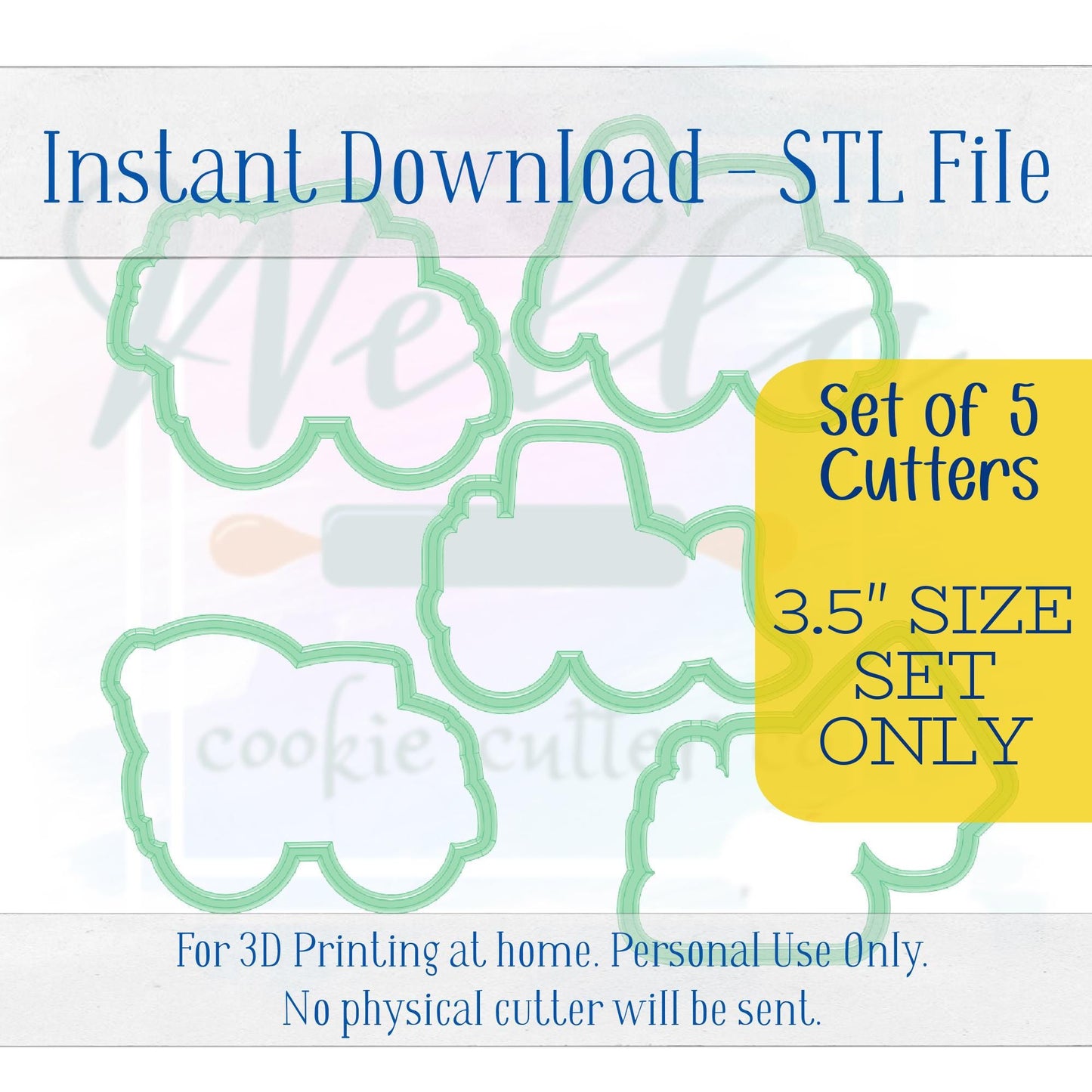 Digital STL File - Construction Truck Set Cookie Cutters - 5pc Set - 3.5" sizes only are included in this listing