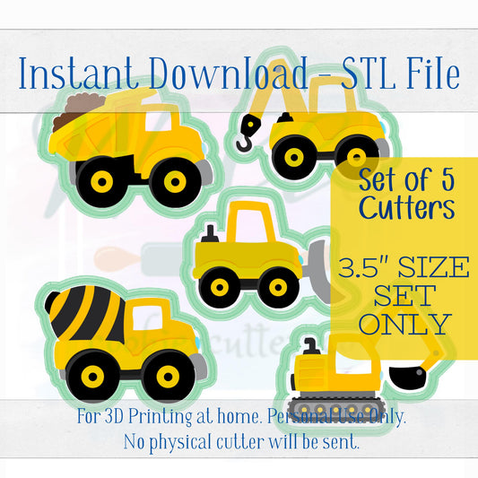 Digital STL File - Construction Truck Set Cookie Cutters - 5pc Set - 3.5" sizes only are included in this listing