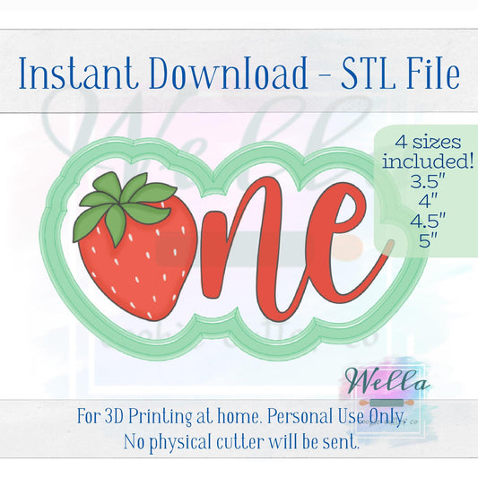 Digital STL File - Strawberry One #2 Cookie Cutter - 4 Sizes: 3.5" 4" 4.5" and 5"