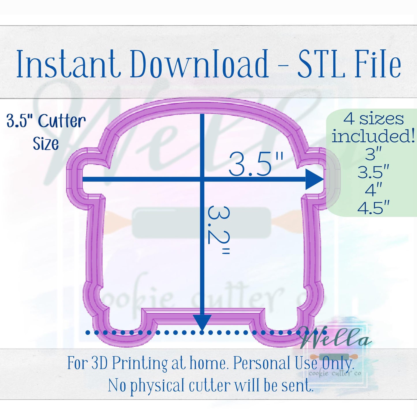 Digital STL File - 60's Van Cookie Cutter - 4 Sizes: 3" 3.5" 4" & 4.5"