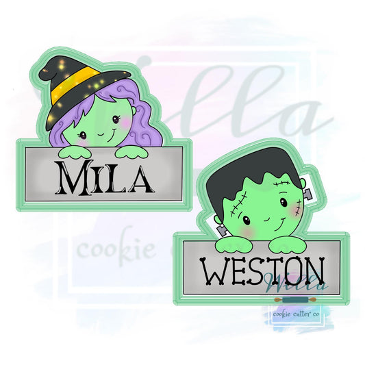 Witch & Frankenstein Name Plaque Cookie Cutters with Optional Stencils