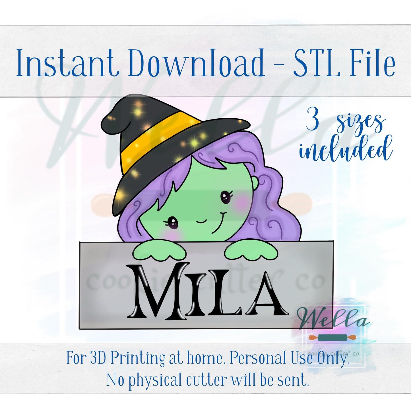 Digital STL File - Witch Name Plaque Cookie Cutter - 3 Sizes: 3.5" 4" and 4.5"