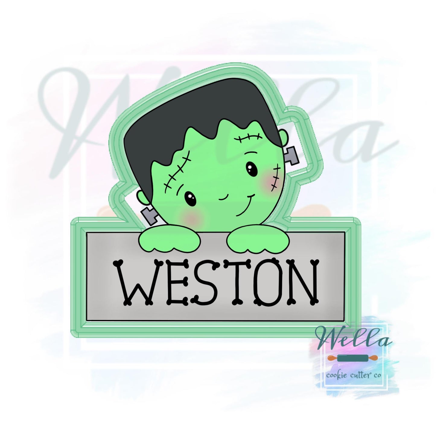 Witch & Frankenstein Name Plaque Cookie Cutters with Optional Stencils