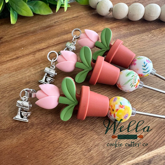 Pink Flower Pot Scribe Tool with Mixer Charm for Cookie Decorating