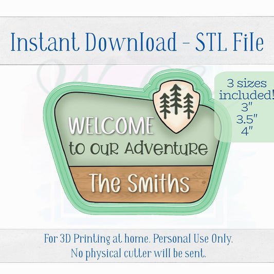 Digital STL File - Camp Park Sign with Emblem Cookie Cutter - 3 Sizes: 3", 3.5", & 4"