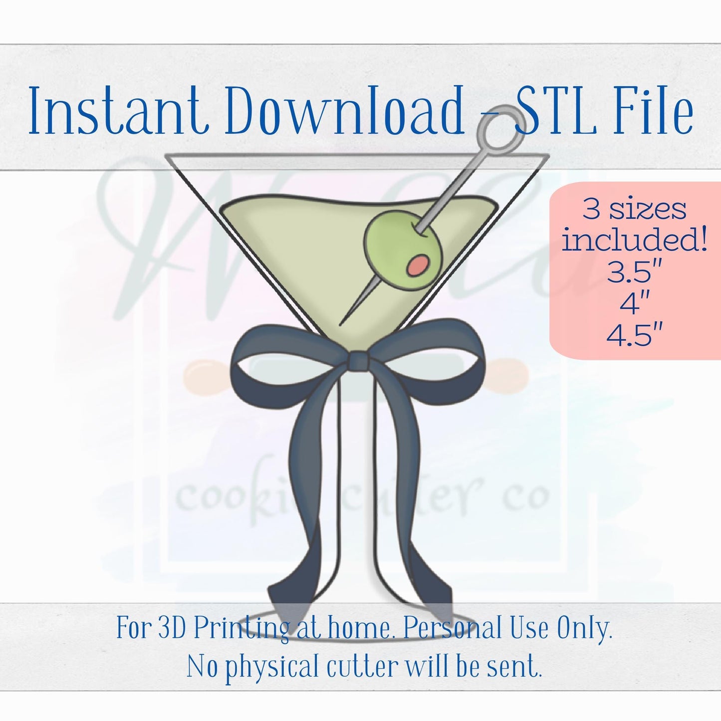 Digital STL File - Olive Martini with Bow Cookie Cutter - 3 Sizes: 3.5" 4" & 4.5"